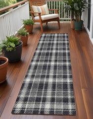 8' Runner Black Gray and White Plaid Washable Non Skid Indoor Outdoor Runner Rug