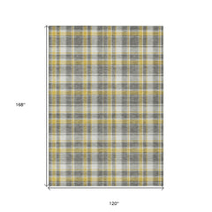 10' X 14' Gray Yellow and White Plaid Washable Non Skid Indoor Outdoor Area Rug
