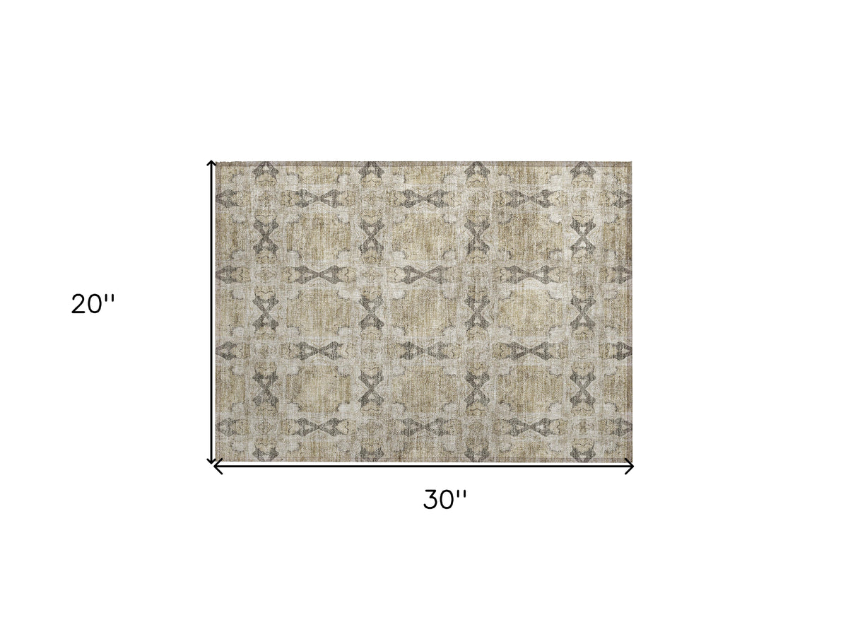 2' X 3' Beige and Gray Floral Medallion Washable Non Skid Indoor Outdoor Area Rug