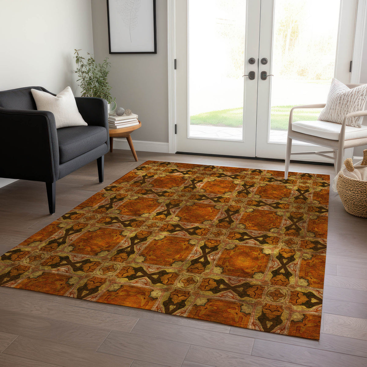 5' X 8' Orange and Rust Floral Medallion Washable Non Skid Indoor Outdoor Area Rug