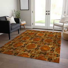 5' X 8' Orange and Rust Floral Medallion Washable Non Skid Indoor Outdoor Area Rug