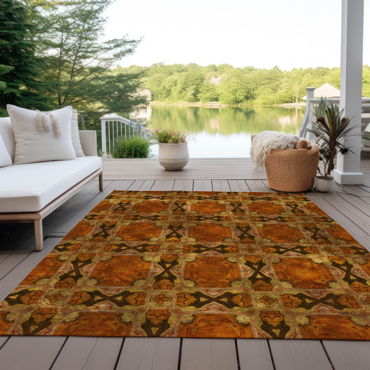 8' X 10' Orange and Rust Floral Medallion Washable Non Skid Indoor Outdoor Area Rug