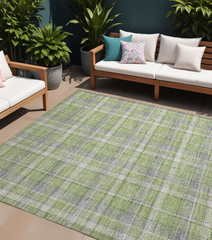 9' X 12' Green and Gray Plaid Washable Non Skid Indoor Outdoor Area Rug