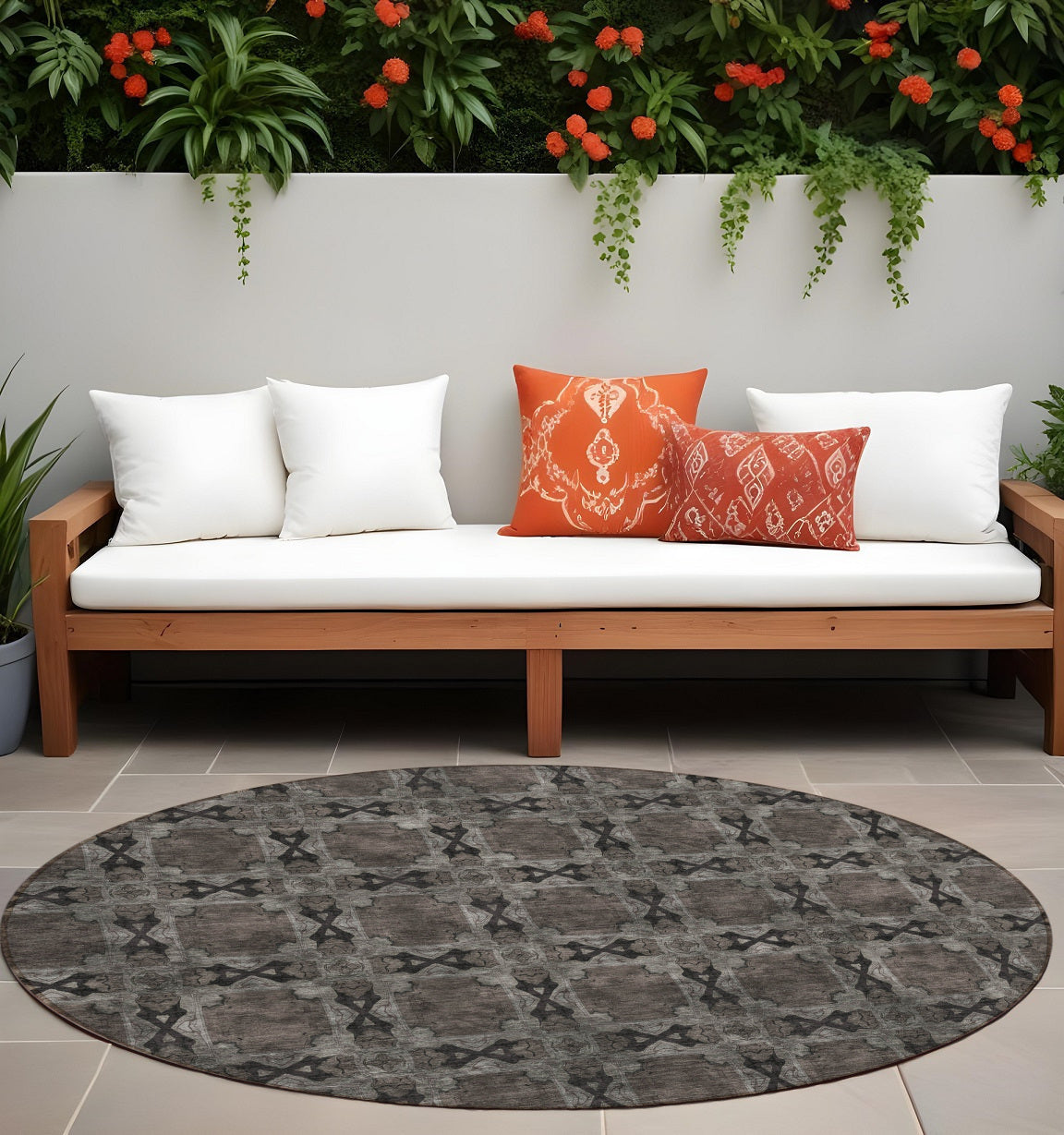 8' Round Gray and Black Round Floral Medallion Washable Non Skid Indoor Outdoor Area Rug