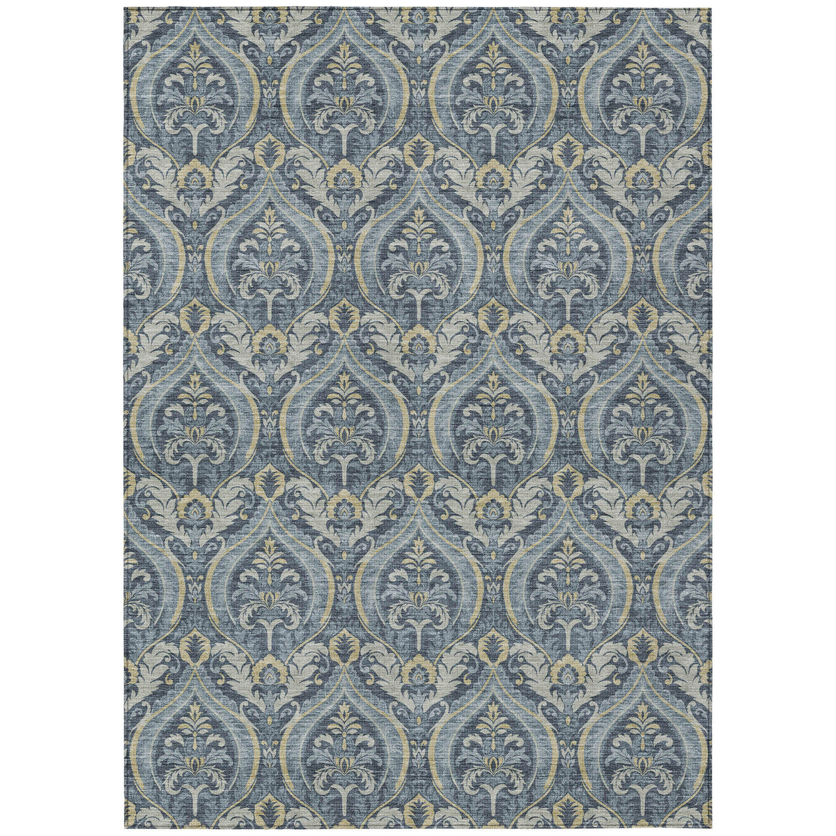 10' X 14' Blue and Cream Damask Washable Non Skid Indoor Outdoor Area Rug