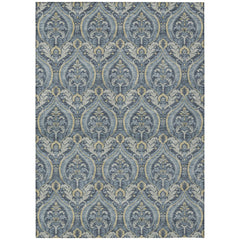 10' X 14' Blue and Cream Damask Washable Non Skid Indoor Outdoor Area Rug