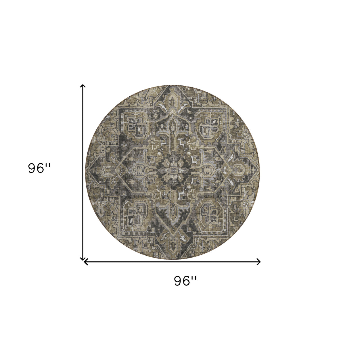 8' Round Taupe and Dark Taupe Round Oriental Washable Non Skid Indoor Outdoor Area Rug