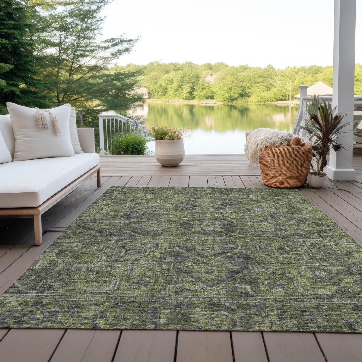 8' X 10' Moss Green and Gray Oriental Washable Non Skid Indoor Outdoor Area Rug