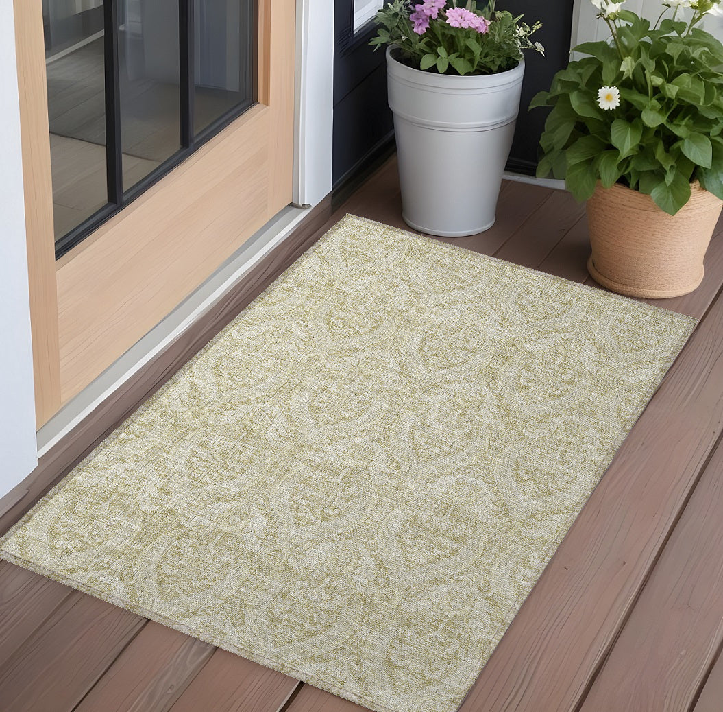 2' X 3' Light Green Damask Washable Non Skid Indoor Outdoor Area Rug