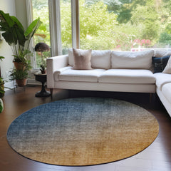 8' Round Denim and Gold Round Ombre Washable Non Skid Indoor Outdoor Area Rug