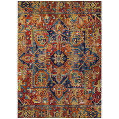 9' X 12' Red Orange and Blue Oriental Washable Non Skid Indoor Outdoor Area Rug