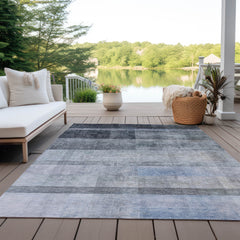 10' X 14' Navy and Gray Ombre Washable Non Skid Indoor Outdoor Area Rug