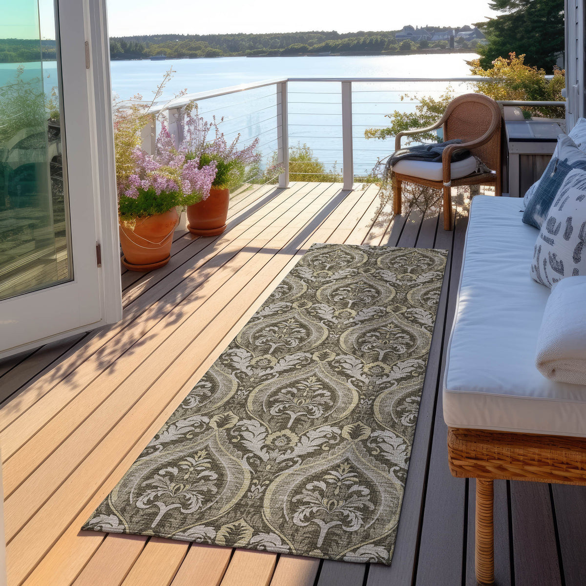 8' Runner Taupe and Beige Damask Washable Non Skid Indoor Outdoor Runner Rug