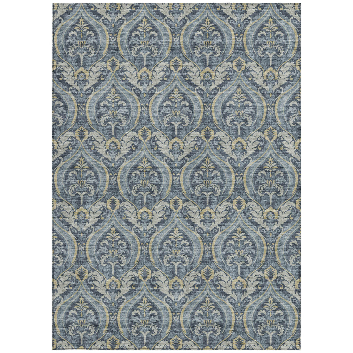 3' X 5' Blue and Cream Damask Washable Non Skid Indoor Outdoor Area Rug