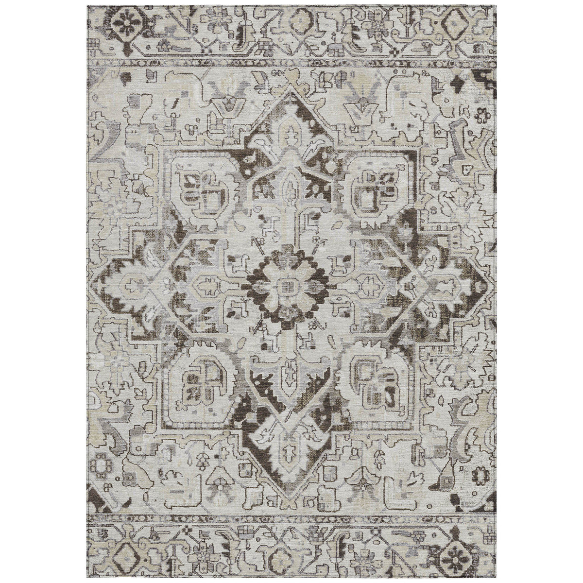 8' X 10' Ivory and Dark Brown Oriental Washable Non Skid Indoor Outdoor Area Rug