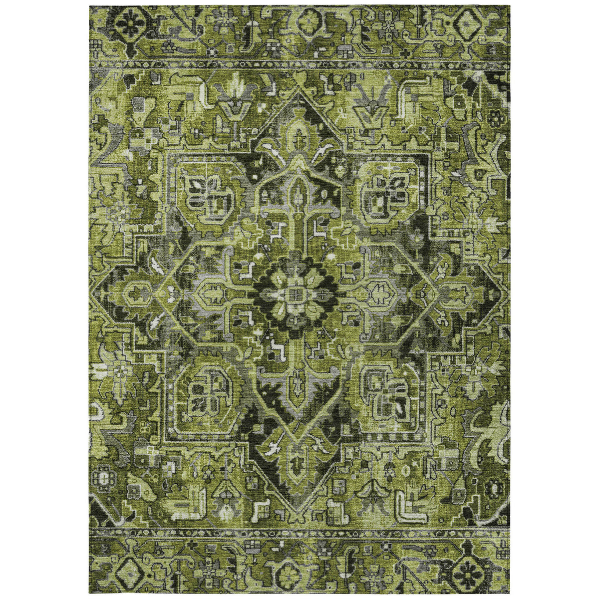 3' X 4' Olive Green and Dark Green Oriental Washable Non Skid Indoor Outdoor Area Rug