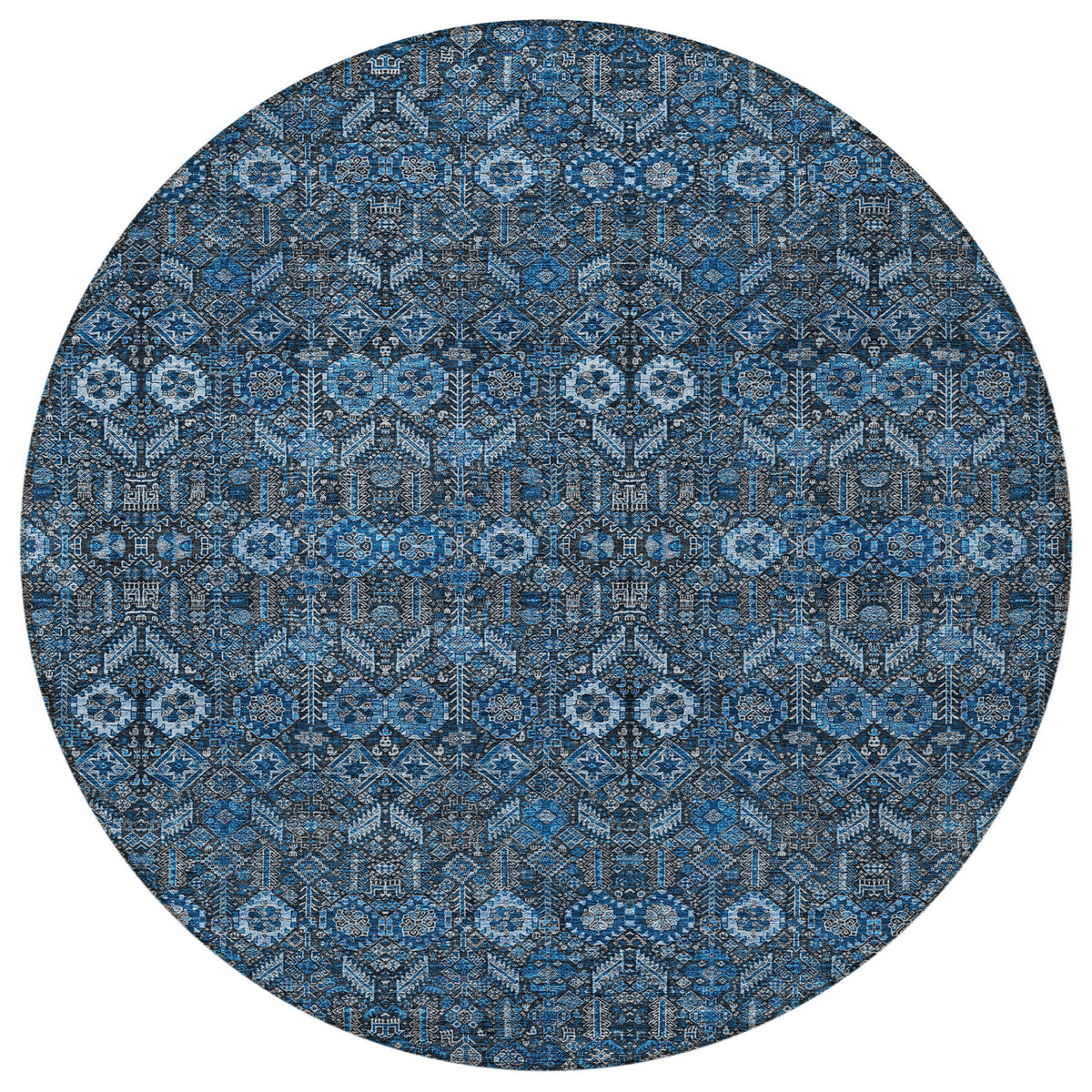 8' Round Blue and Black Round Floral Washable Non Skid Indoor Outdoor Area Rug