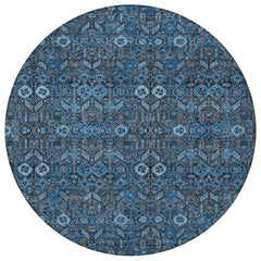 8' Round Blue and Black Round Floral Washable Non Skid Indoor Outdoor Area Rug