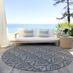 8' Round Gray Round Damask Washable Non Skid Indoor Outdoor Area Rug