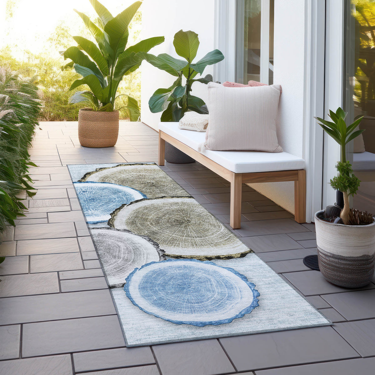8' Runner Blue Gold and Gray Faux Bois Washable Non Skid Indoor Outdoor Runner Rug