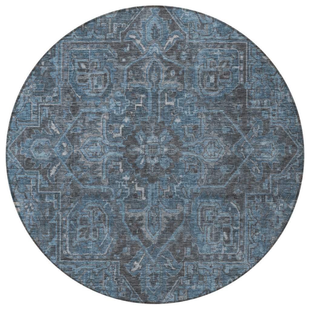 8' Round Navy and Black Round Oriental Washable Non Skid Indoor Outdoor Area Rug