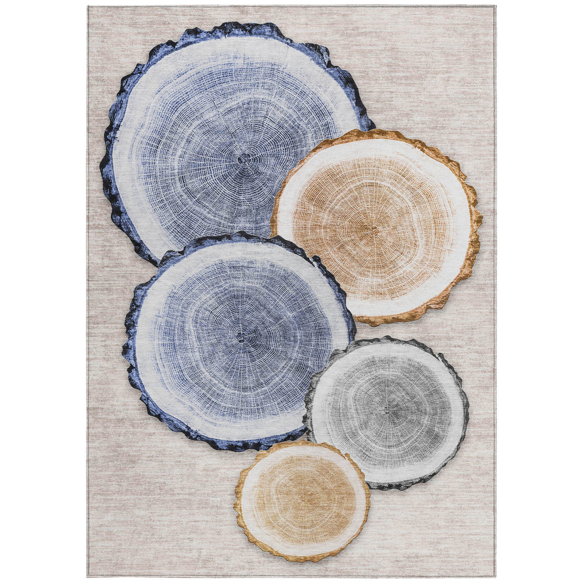 3' X 4' Beige Blue and Gold Faux Bois Washable Non Skid Indoor Outdoor Area Rug