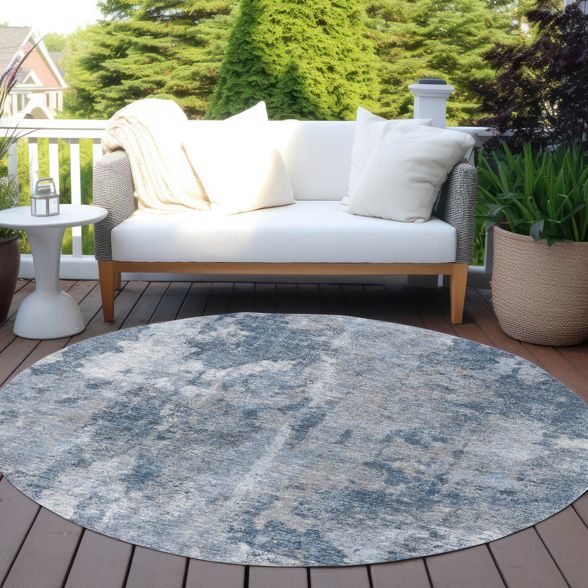 8' Round Blue Round Abstract Washable Non Skid Indoor Outdoor Area Rug