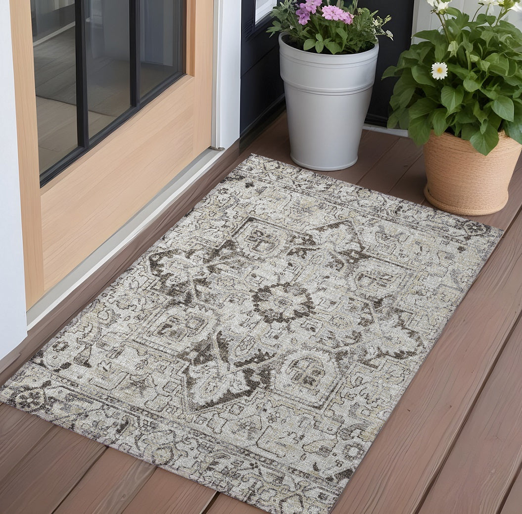 2' X 3' Ivory and Dark Brown Oriental Washable Non Skid Indoor Outdoor Area Rug