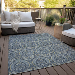 5' X 8' Blue and Cream Damask Washable Non Skid Indoor Outdoor Area Rug