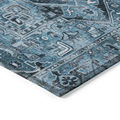 9' X 12' Denim and Gray Oriental Washable Non Skid Indoor Outdoor Area Rug