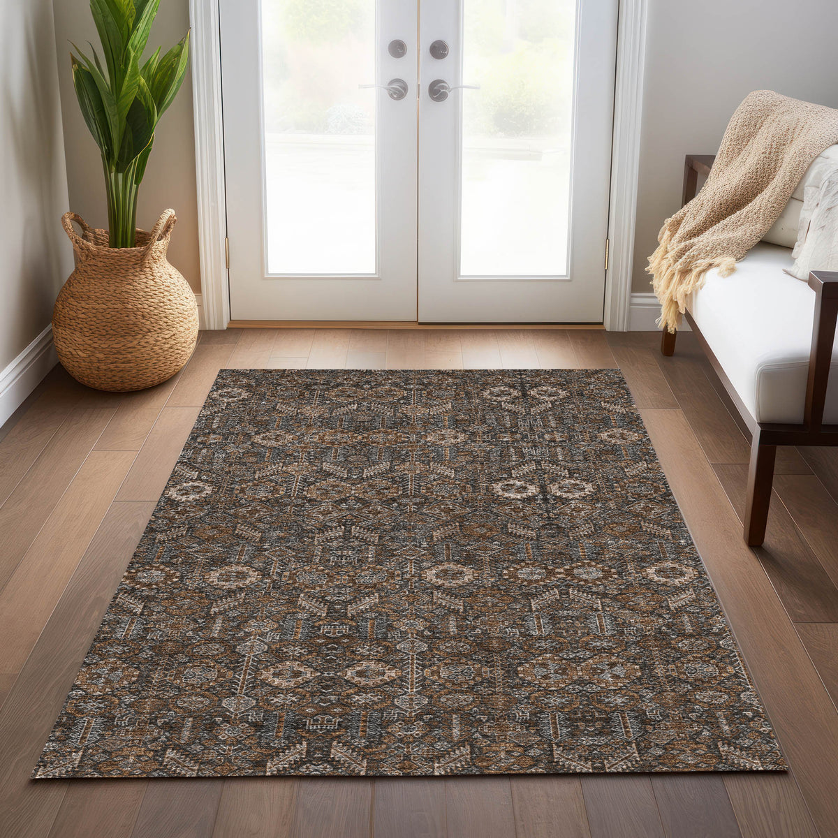 5' X 8' Chocolate Floral Washable Non Skid Indoor Outdoor Area Rug