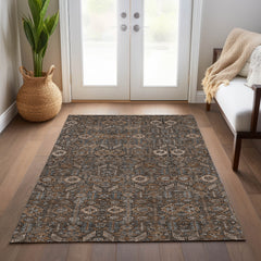 5' X 8' Chocolate Floral Washable Non Skid Indoor Outdoor Area Rug