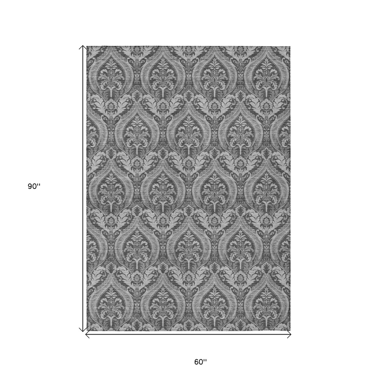 5' X 8' Gray Damask Washable Non Skid Indoor Outdoor Area Rug