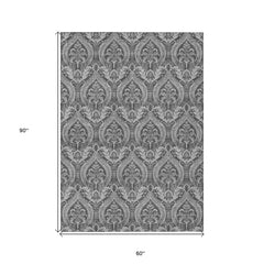 5' X 8' Gray Damask Washable Non Skid Indoor Outdoor Area Rug