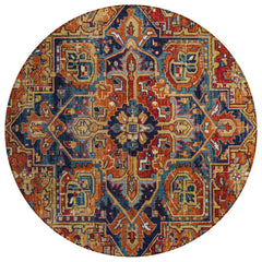 8' Round Red Orange and Blue Round Oriental Washable Non Skid Indoor Outdoor Area Rug