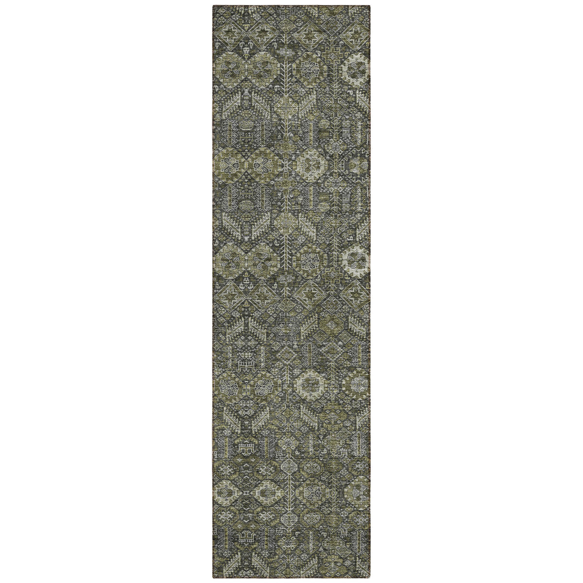 8' Runner Moss Green and Gray Floral Washable Non Skid Indoor Outdoor Runner Rug