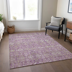 8' X 10' Lavender and Ivory Floral Washable Non Skid Indoor Outdoor Area Rug