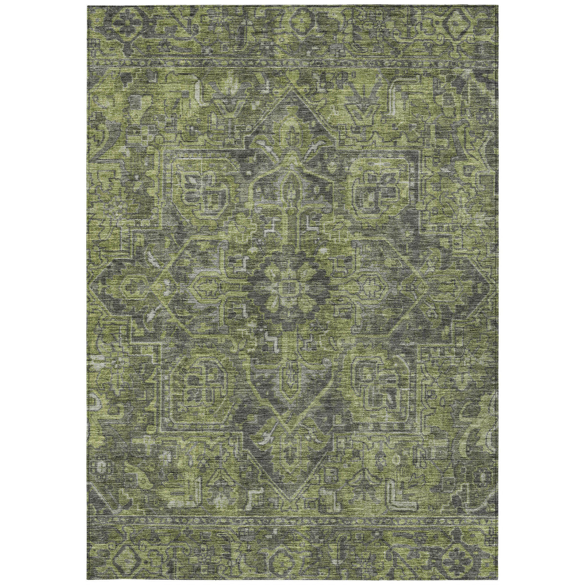 5' X 8' Moss Green and Gray Oriental Washable Non Skid Indoor Outdoor Area Rug