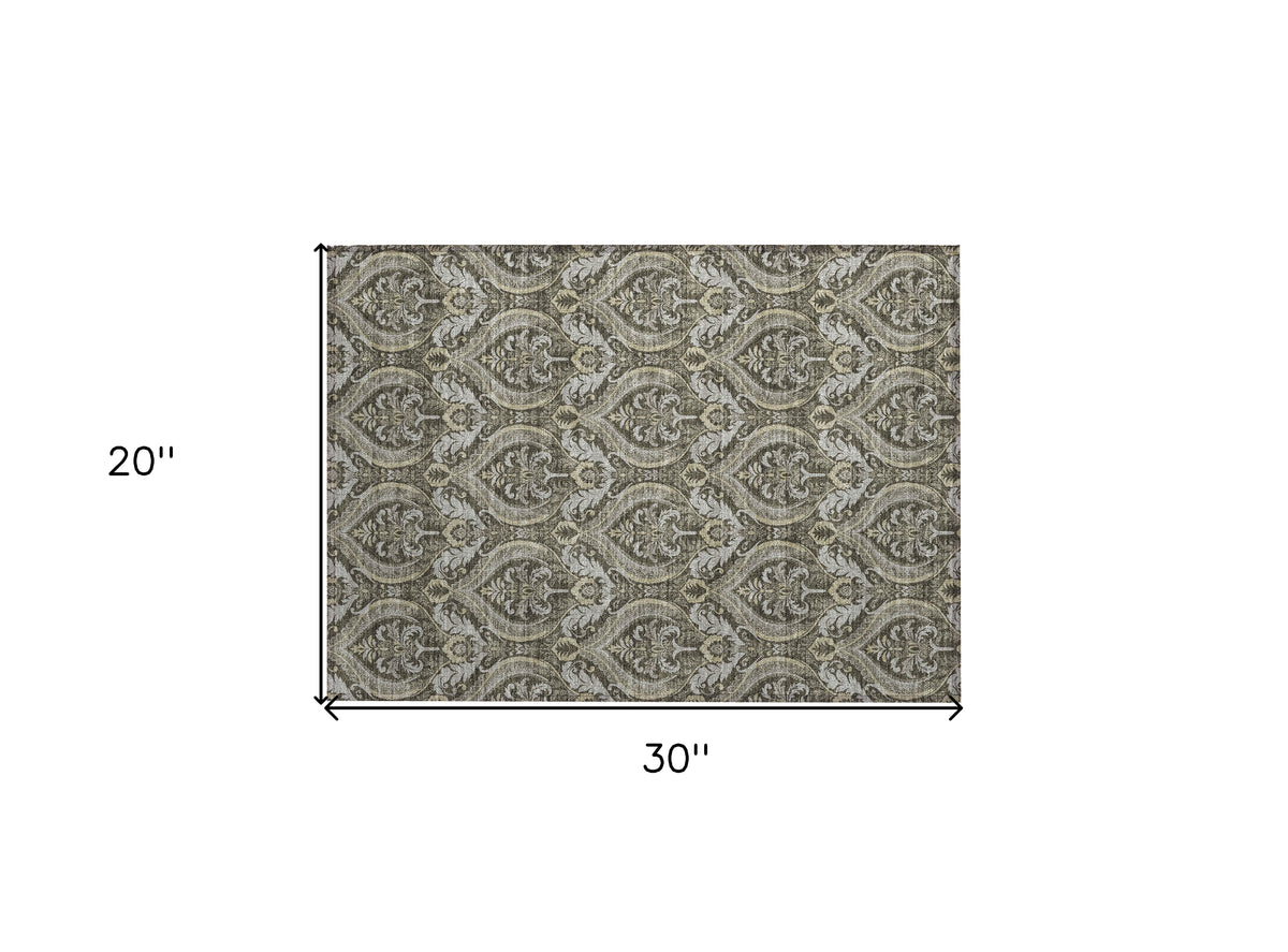 2' X 3' Taupe and Beige Damask Washable Non Skid Indoor Outdoor Area Rug