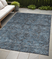 5' X 8' Navy and Black Oriental Washable Non Skid Indoor Outdoor Area Rug