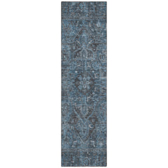 8' Runner Navy and Black Oriental Washable Non Skid Indoor Outdoor Runner Rug