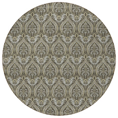 8' Round Taupe and Beige Round Damask Washable Non Skid Indoor Outdoor Area Rug