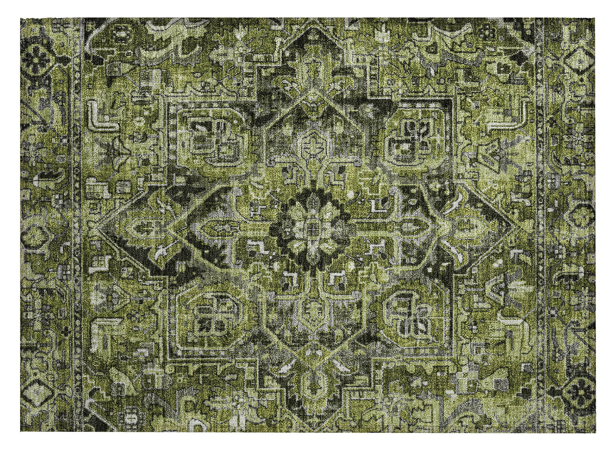 2' X 3' Olive Green and Dark Green Oriental Washable Non Skid Indoor Outdoor Area Rug