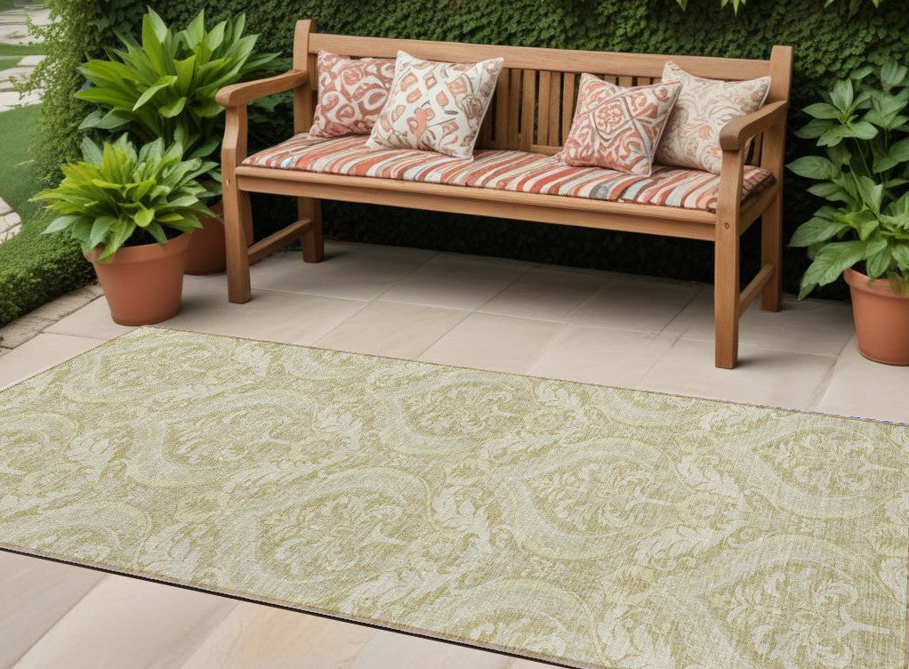 8' Runner Light Green Damask Washable Non Skid Indoor Outdoor Runner Rug