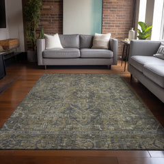 3' X 5' Dark Moss Green and Gray Oriental Washable Non Skid Indoor Outdoor Area Rug