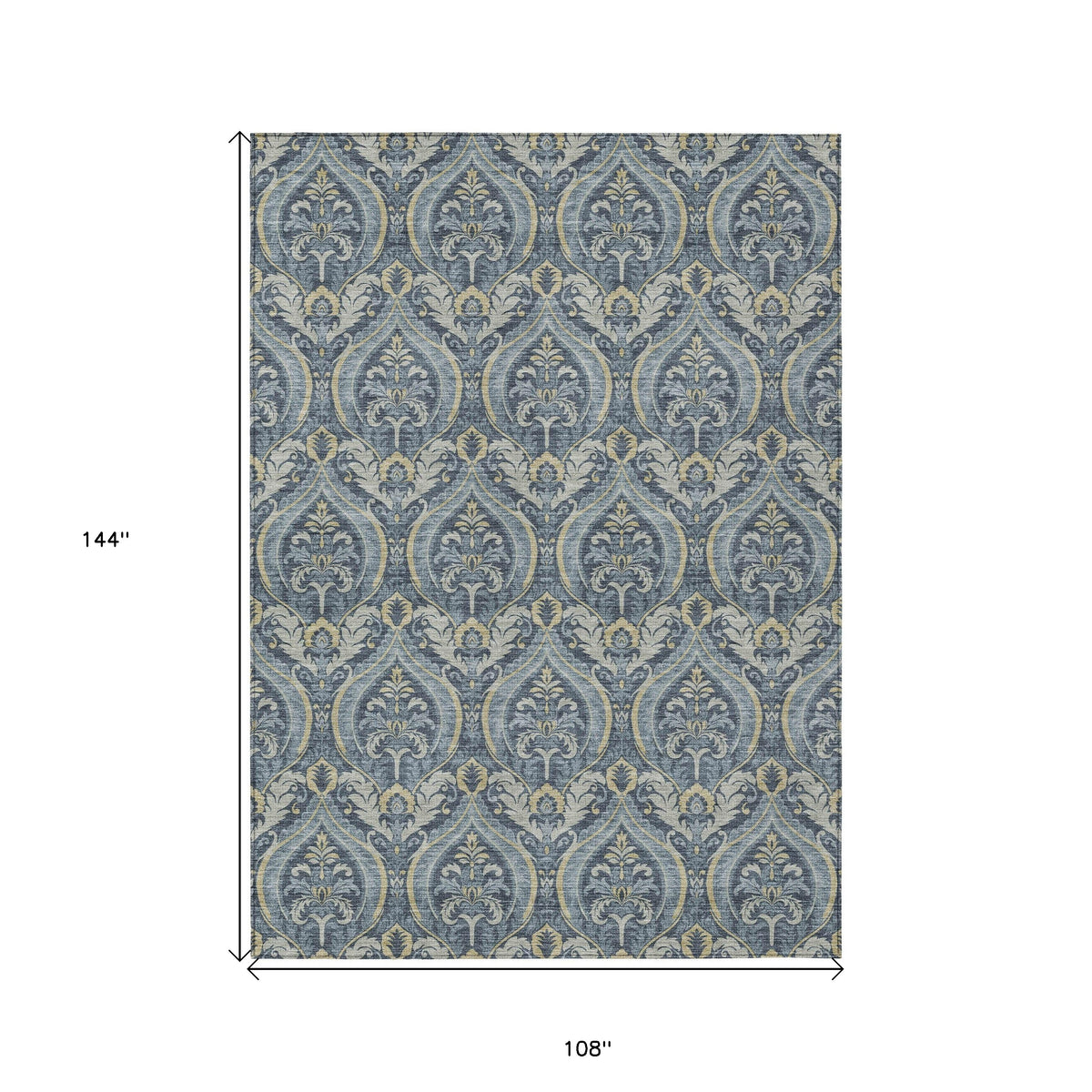 9' X 12' Blue and Cream Damask Washable Non Skid Indoor Outdoor Area Rug