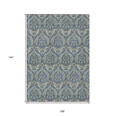 9' X 12' Blue and Cream Damask Washable Non Skid Indoor Outdoor Area Rug