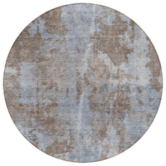 8' Round Mocha and Blue Round Abstract Washable Non Skid Indoor Outdoor Area Rug