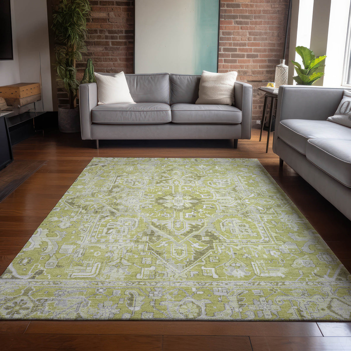 3' X 4' Artichoke Green Oriental Washable Non Skid Indoor Outdoor Area Rug