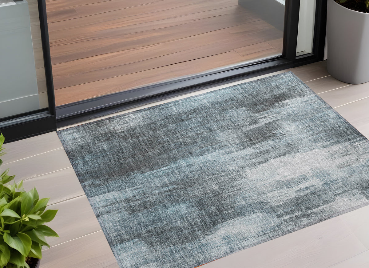 2' X 3' Teal Abstract Washable Non Skid Indoor Outdoor Area Rug